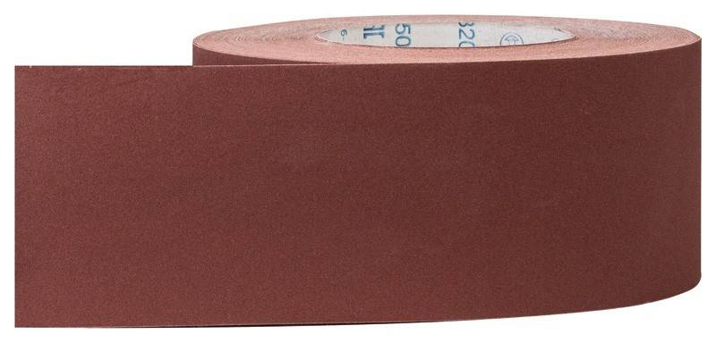 Eine Rolle rotes Schleifpapierband mit einer sichtbar groben Textur, das zum Glätten von Oberflächen bei Bau- oder Handwerksarbeiten verwendet wird.