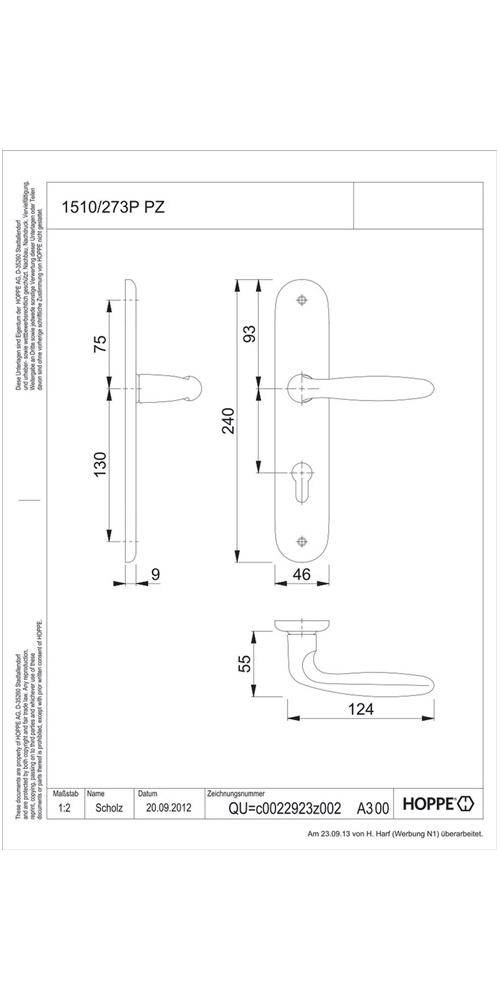 HOPPE Langschildgarnitur Verona 1510/273P Vierkantmaß 8mm PZ-72 F1