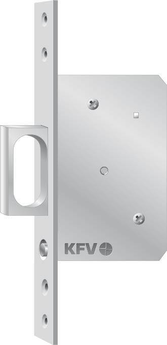 Nahaufnahme eines silbernen Metallschlossmechanismus mit einer Blende, einer Riegel-Öffnung und sichtbaren Schraubenlöchern, Marke KFV.