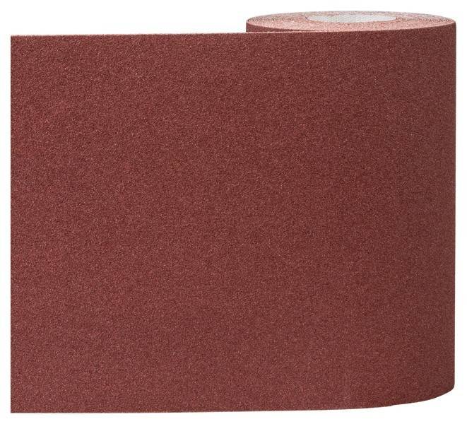 „Eine Rolle groben, rötlich-braunen Schleifpapiers für industrielle oder holzbearbeitende Zwecke, aufrecht gegen einen weißen Hintergrund gestellt.