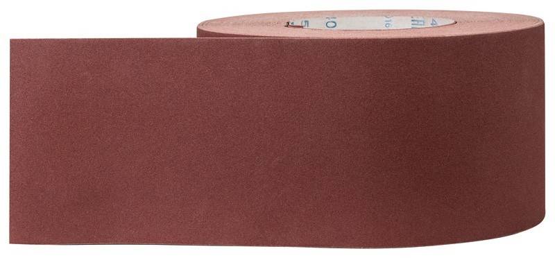 Rolle aus grober, rötlich-brauner Schleifpapier auf weißem Hintergrund, die die strukturierte Oberfläche zum Glätten oder Schleifen von Materialien zeigt.