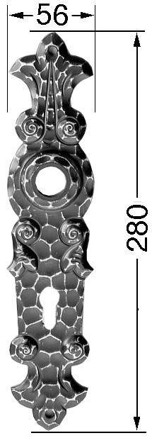 Dekorative Metallklingelschild mit ornamentalem Blumen- und Schnörkeldesign, dargestellt mit den Abmessungen 56 mm breit und 280 mm hoch.