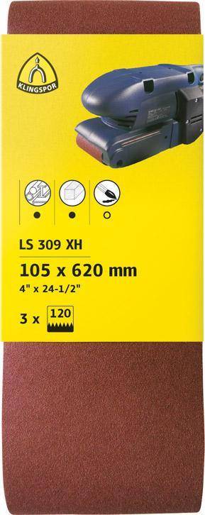 Schleifbandpaket von Klingspor mit Bezeichnung LS 309 XH, 105 x 620 mm, 4 x 24-1/2, Körnung 120, mit Schleiferbildnis auf gelbem Etikett.