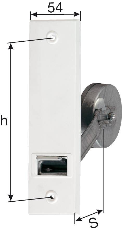 Technisches Diagramm eines weißen rechteckigen wandmontierten Teils mit zwei Schraubenpunkten, mit beschrifteten Abmessungen 54 breit, h hoch und s Tiefe.