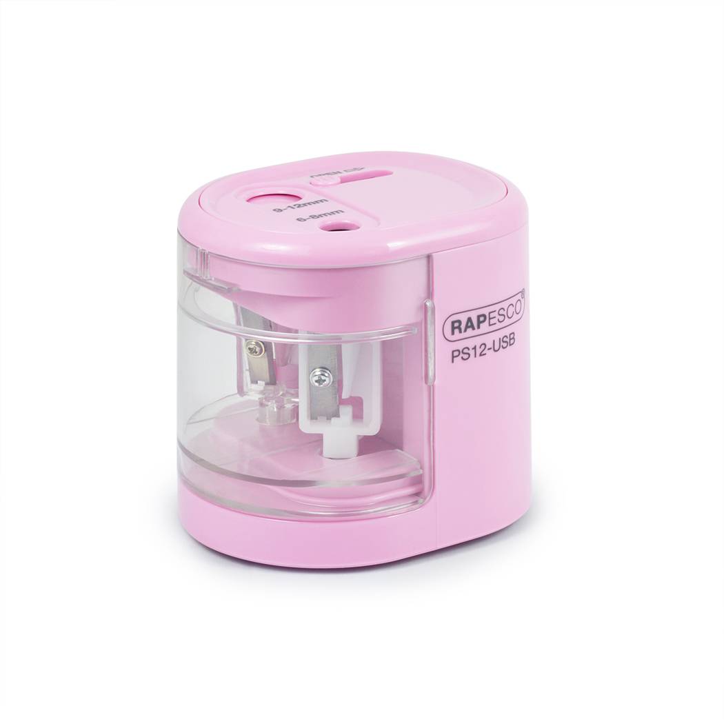 Rosa elektrischer Bleistiftspitzer mit durchsichtigem Behälter für Bleistiftspäne, gekennzeichnet mit „RAPESCO PS12-USB