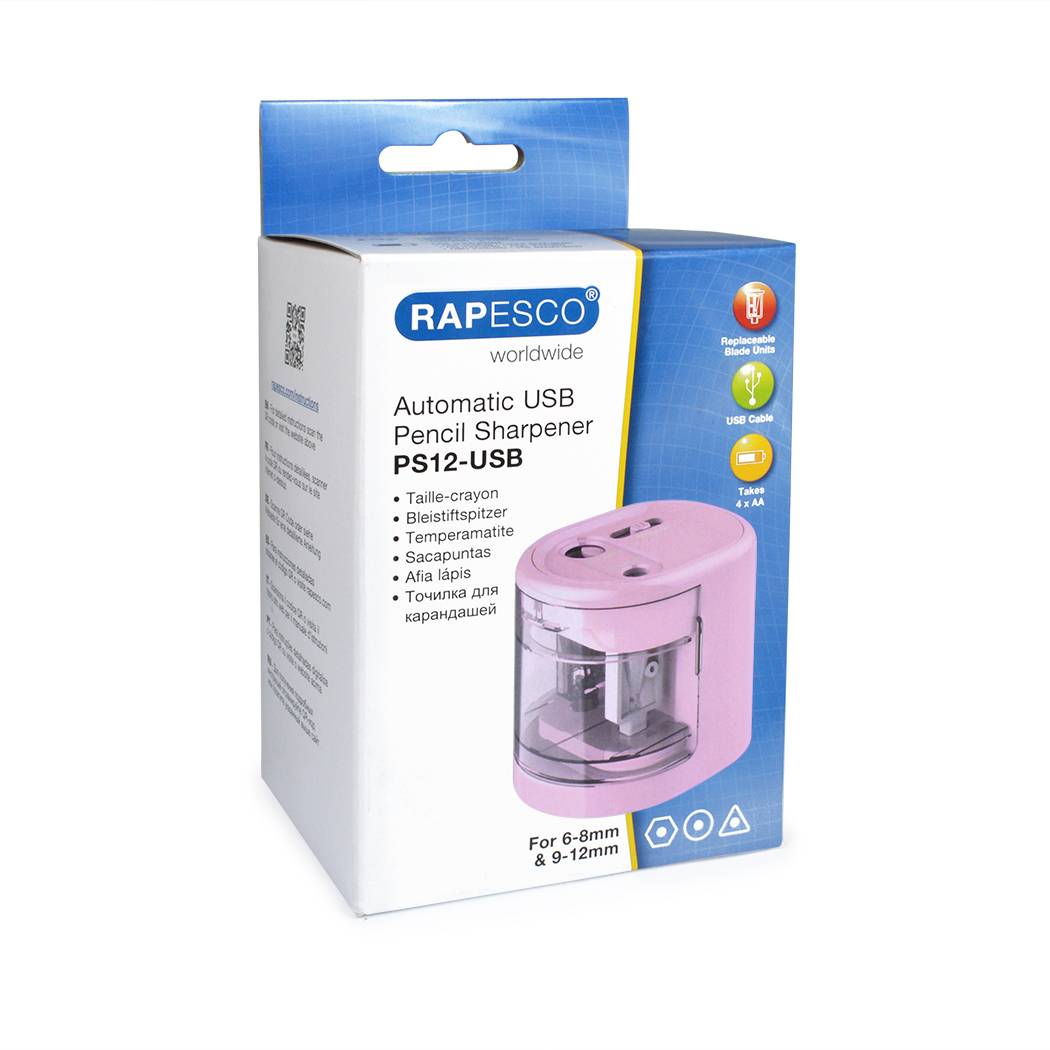 Paket eines rosa Rapesco-Automatik-USB-Bleistiftspitzers, Modell PS12-USB, gezeigt auf der Produktverpackung.