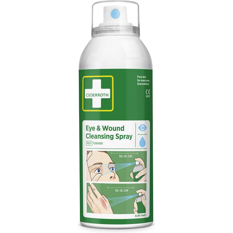 Cederroth Augen- und Wundenreinigungsspray in einer Sprayflasche mit grünem Etikett, dargestellt als Erste-Hilfe-Spray zum Reinigen von Augen und Wunden.