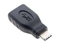 Nahaufnahme eines USB-C-Buchsenadapters mit schwarzem Kunststoffgehäuse und USB-Symbol auf weißem Hintergrund.