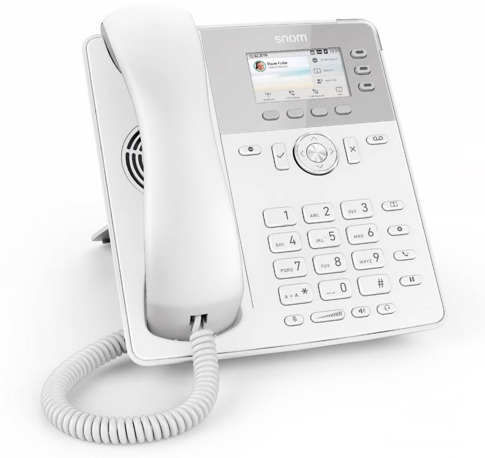 Weißes Bürotelefon auf dem Schreibtisch mit Hörer, Tastatur und kleinem Anzeigebildschirm auf weißem Hintergrund.