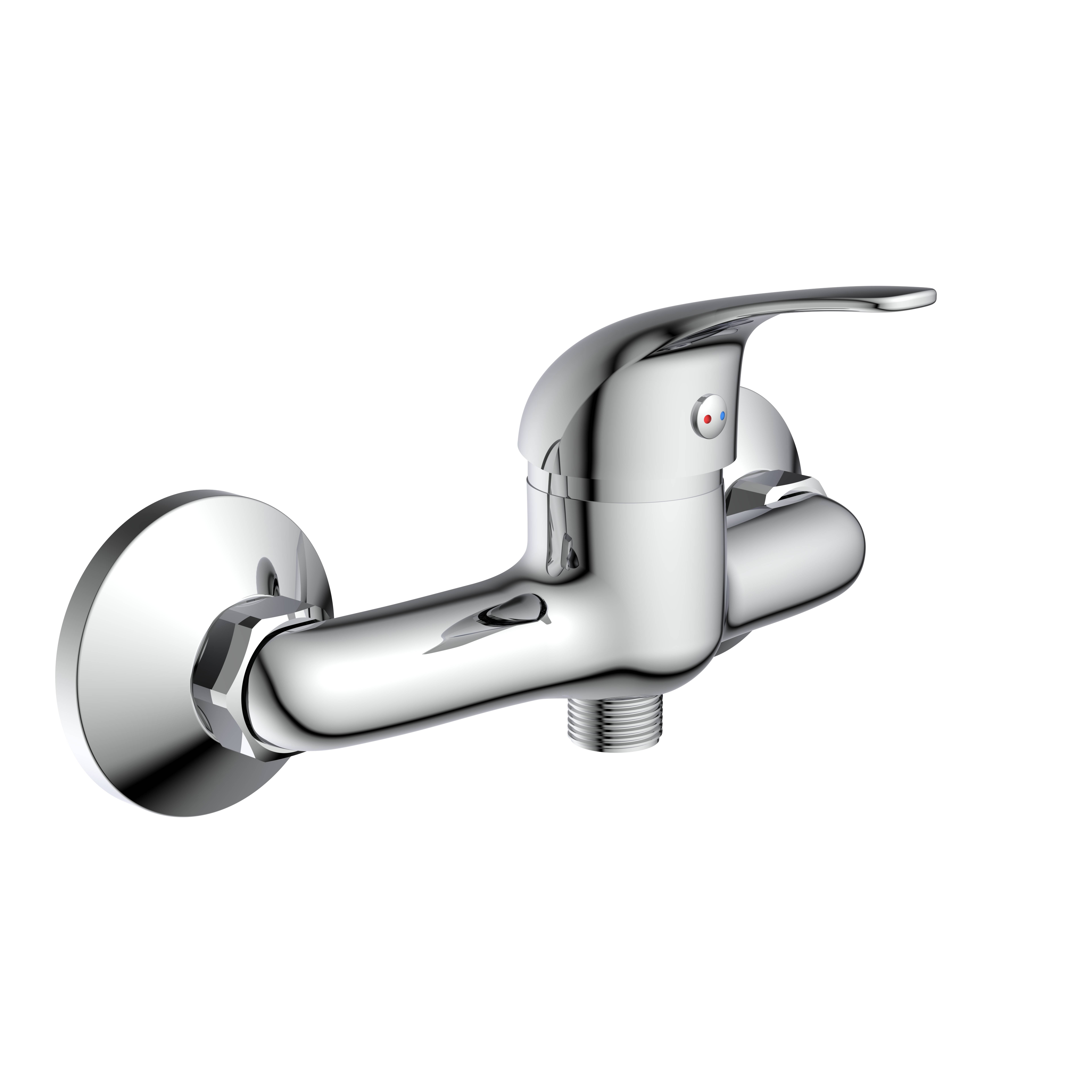 Ein moderner Chrom-Badezimmerhahn mit einem einzigen Hebel, entworfen zur Wandmontage, der Licht auf schwarzem Hintergrund reflektiert.