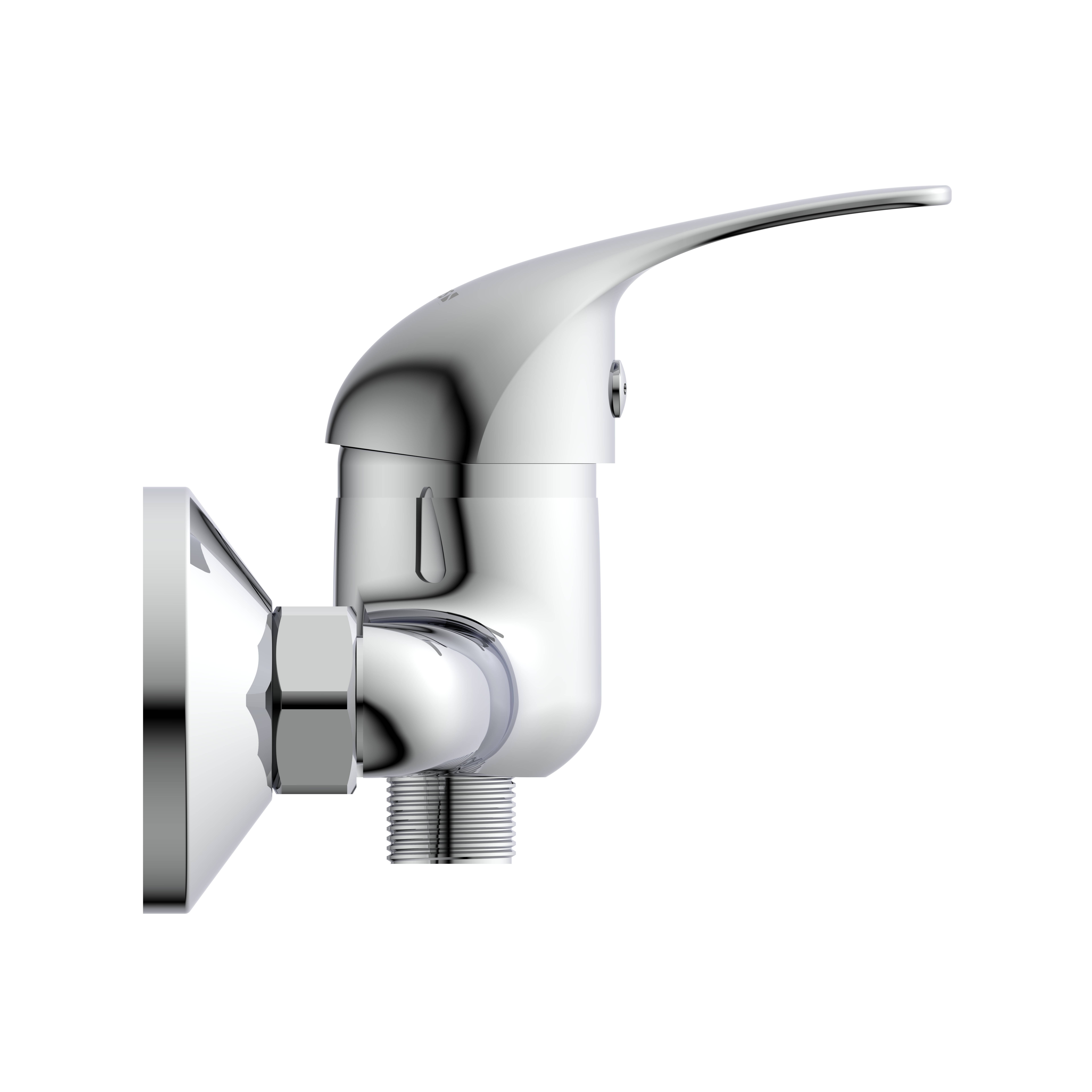 Ein verchromter Wasserhahn mit gebogenem Griff, von der Seite vor schwarzem Hintergrund betrachtet. Das Design ist schlank und modern.