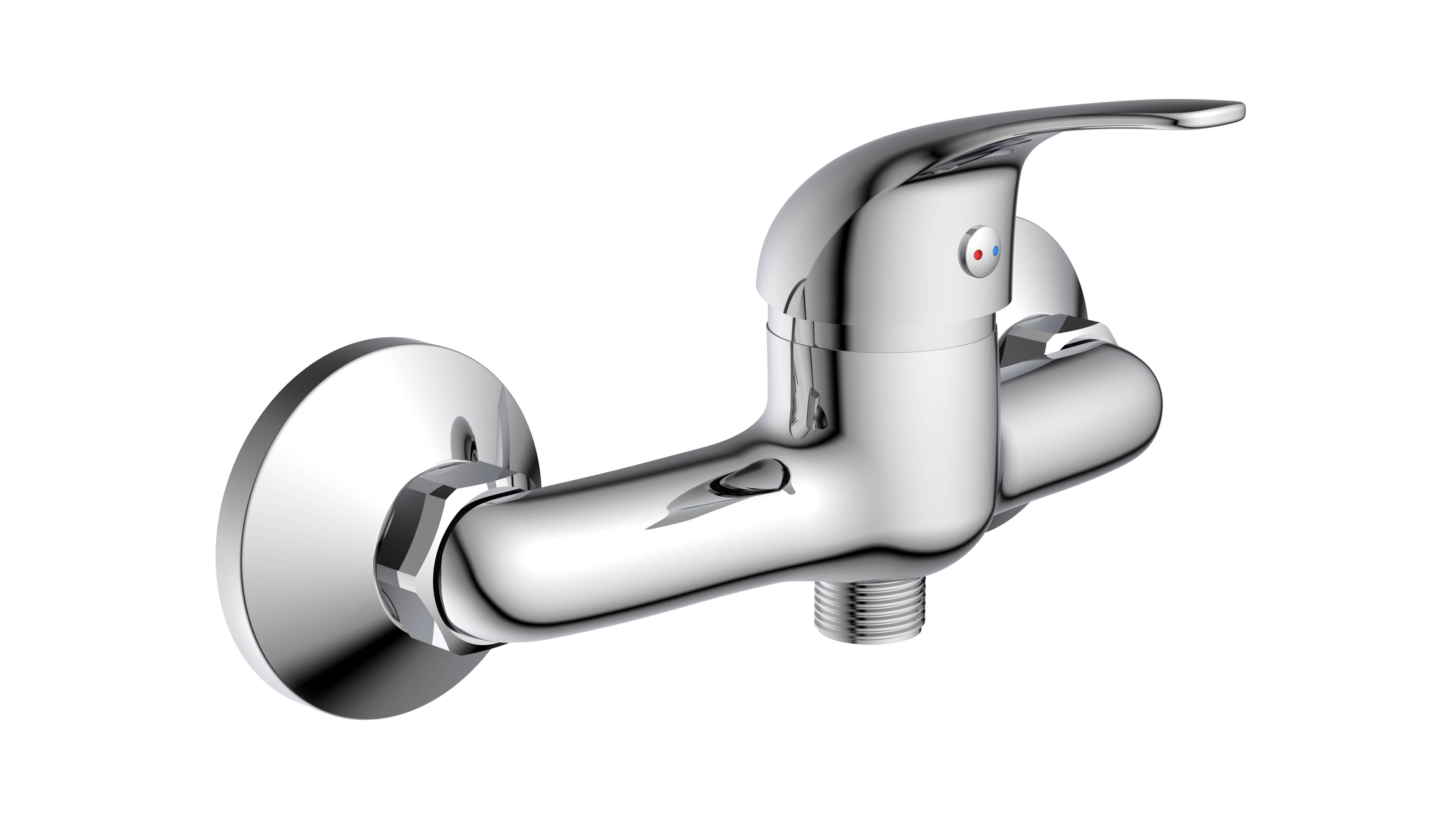 Silberner Badezimmerhahn mit Wandmontage, ausgestattet mit einem Warm- und Kaltwasserkontrollhebel, vor schwarzem Hintergrund.