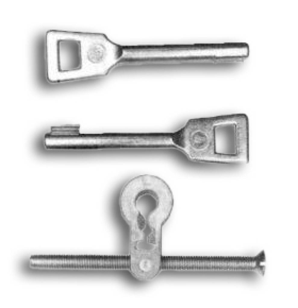 Drei Metallfastener werden gezeigt: zwei gekerbte Stangen oben und in der Mitte sowie ein unten angebrachter Gewindelbolzen mit einem kreisförmigen Sicherungselement.