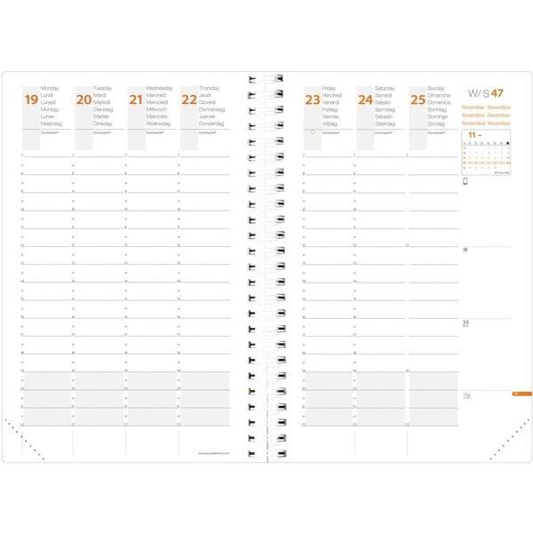 Wochenplaner-Ausbreitung für W/S 47 mit datierten Spalten Montag 19 bis Sonntag 25, stündliche Linien, kleiner Monatskalender und Notizbereich.