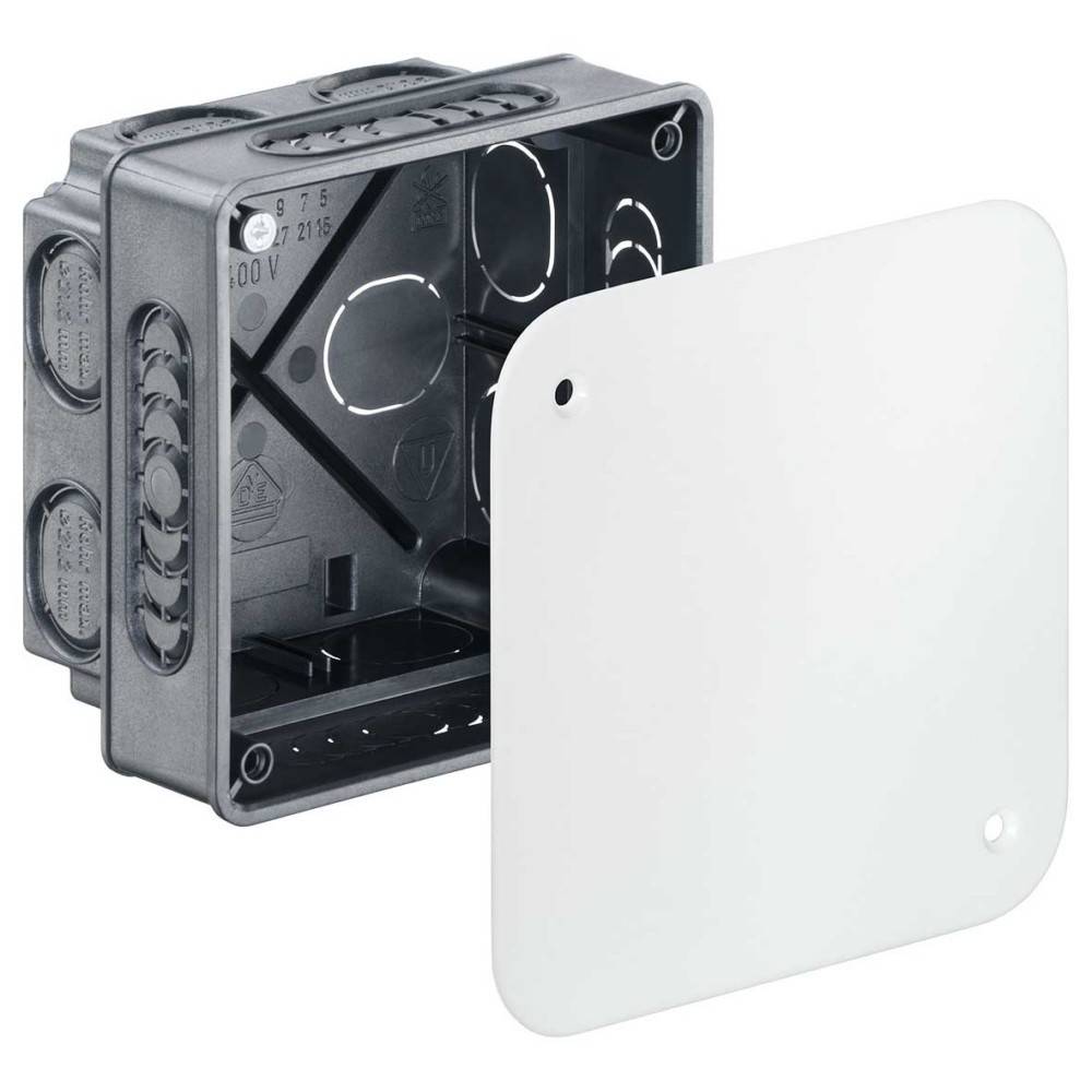 Eine schwarze elektrische Abzweigdose mit mehreren Kabeleinführungspunkten und einer offenen, abgenommenen weißen Abdeckung.