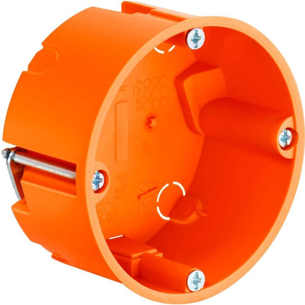 Orange elektrischer Verteilerdose mit Schraubbefestigungen, entwickelt zur Sicherung von Elektroleitungen innerhalb von Wandhohlräumen.