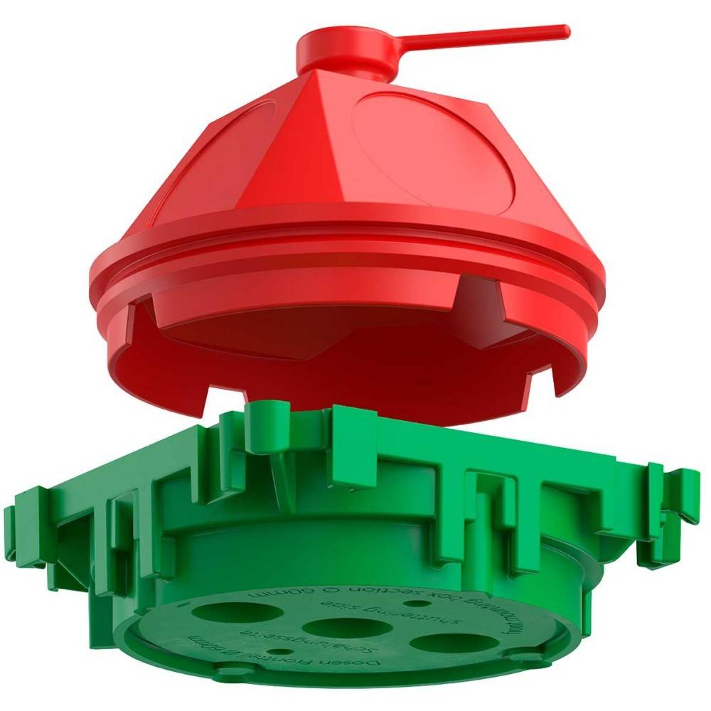 Eine rote Kunststoffkappe und ein grüner Sockel mit Verriegelungsfunktionen, separat dargestellt, als würden sie zusammengebaut werden, ähnlich wie Bausteine.
