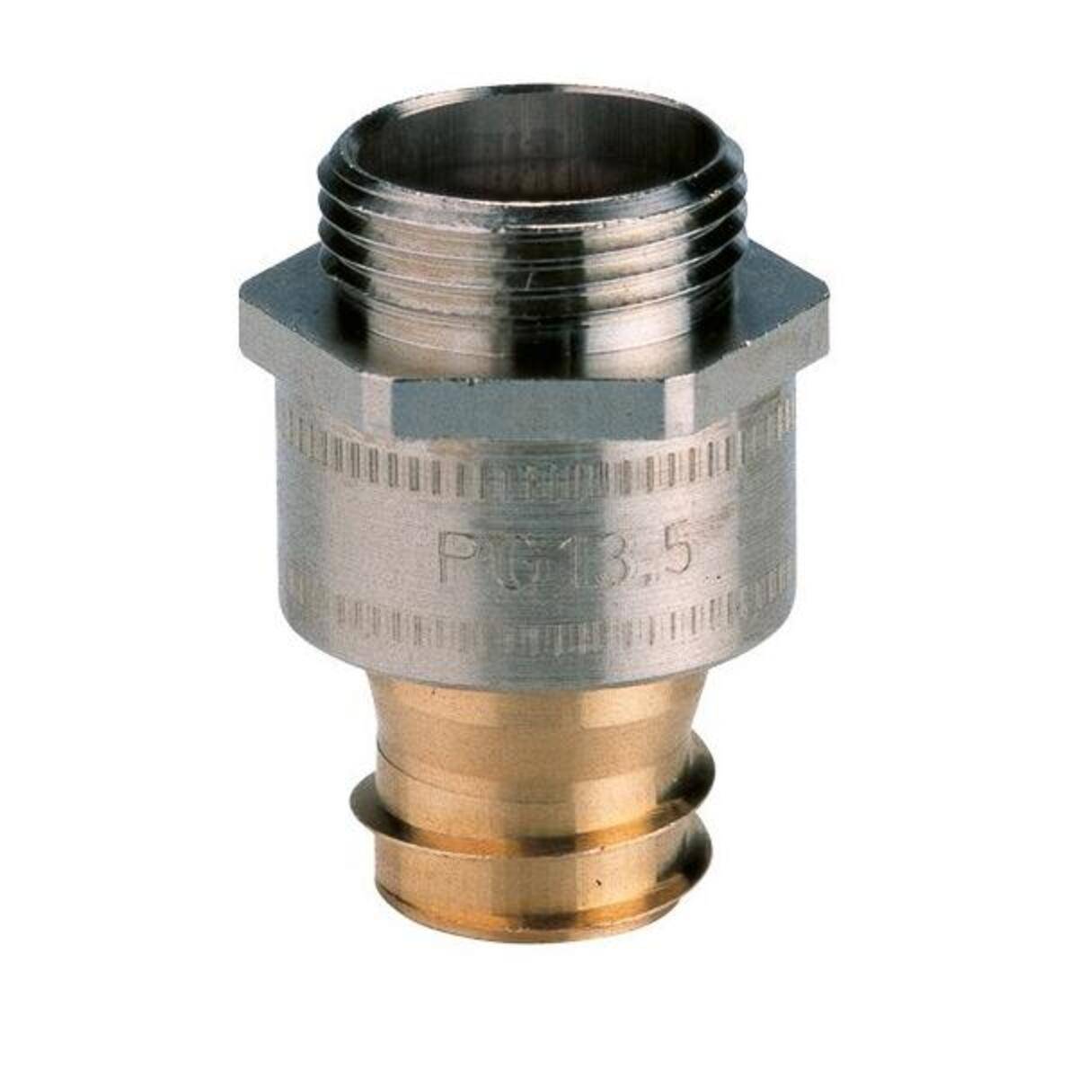 Metallverbindungsstück mit einem gewindeten Kopf und einer glatten Unterseite, gekennzeichnet mit 'PN13.5', verwendet für Sanitär- oder industrielle Anschlüsse.