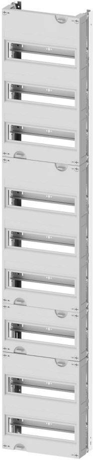 Ein vertikales Gestell mit vier gleichmäßig angeordneten horizontalen Schlitzen, möglicherweise konzipiert für die Montage von Sicherungsautomaten oder ähnlichen elektrischen Komponenten.