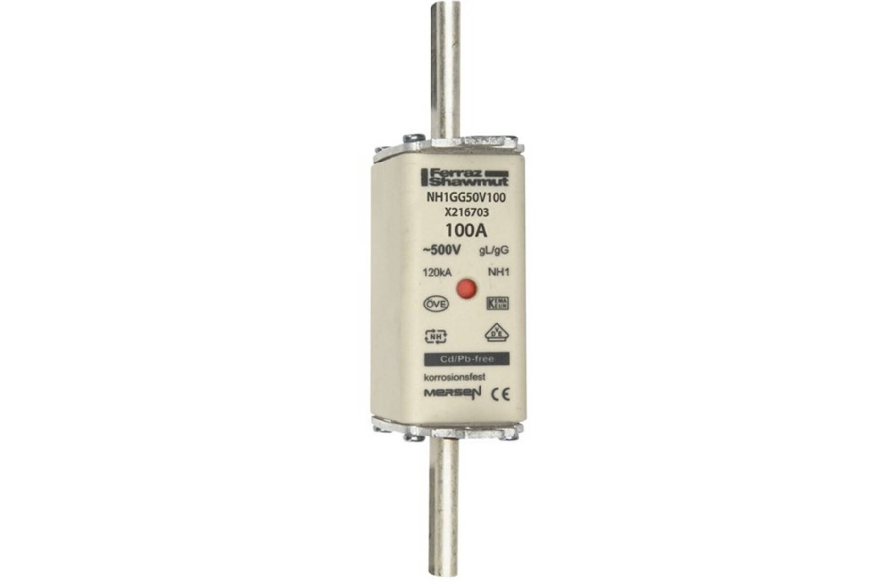 Ein zylindrischer 100A-Elektrosicherung mit Metallklemmen, gekennzeichnet mit „NH1 GG 50V 100
