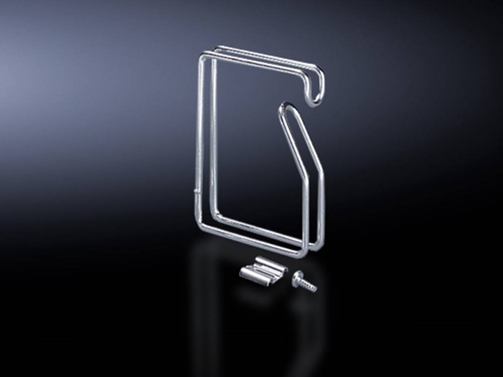 Ein Metallhaken in Kleiderbügelform, begleitet von einem zylindrischen Abstandshalter und einer Schraube, präsentiert auf einer reflektierenden Oberfläche.