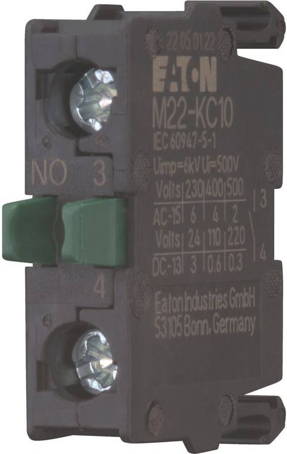 Nahaufnahme eines Eaton M22-KC10 Elektrokontaktblocks ohne Anschlusskennzeichnungen und mit zwei Schraubklemmen.