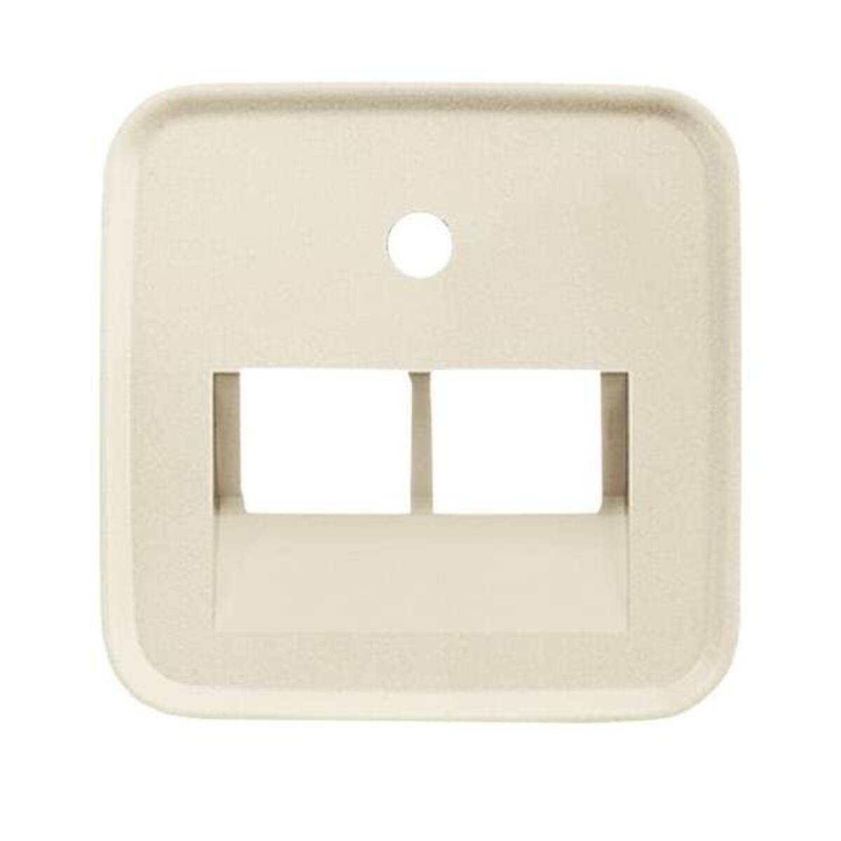 Beige Wandplatte mit zwei rechteckigen Öffnungen und einem Befestigungsloch für eine Schraube, wahrscheinlich für eine doppelte Netzwerk- oder Telefonbuchse.