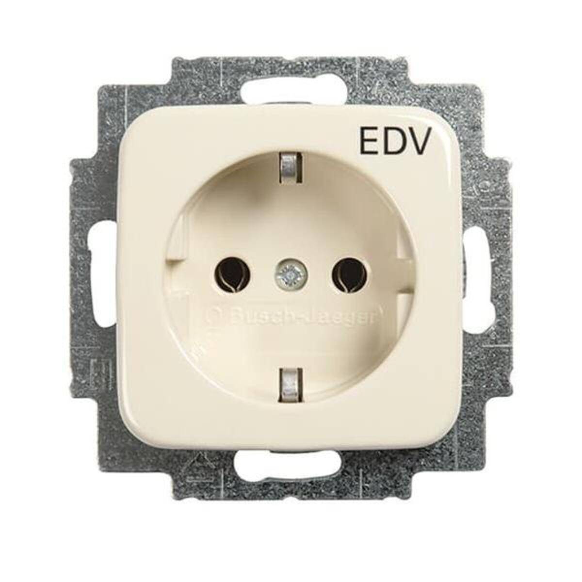 Cremefarbene europäische Elektrosteckdose mit zwei runden Buchsen und dem Kennzeichen „EDV