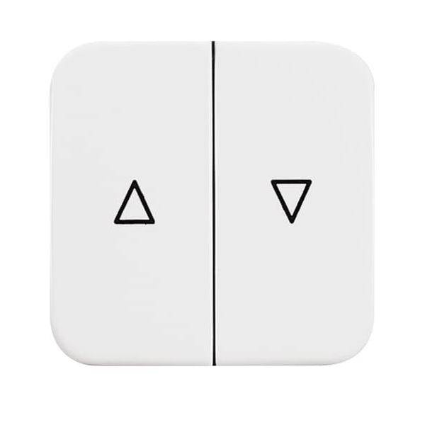 Ein weißer rechteckiger Schalter mit zwei Tasten: ein Aufwärtspfeil links und ein Abwärtspfeil rechts.