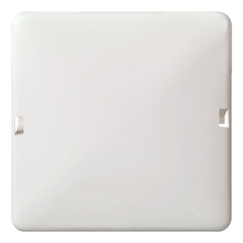 Flache weiße Plastikabdeckung in quadratischer Form mit abgerundeten Ecken, die zwei kleine rechteckige Ausschnitte auf gegenüberliegenden Seiten aufweist.