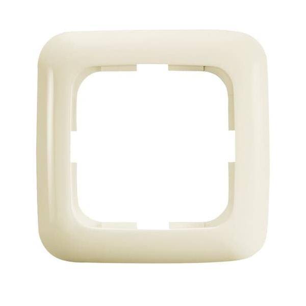 Ein beige, quadratischer Kunststoffrahmen mit abgerundeten Kanten und einer offenen Mitte, der als Abdeckung für einen Lichtschalter oder eine Steckdose konzipiert ist.