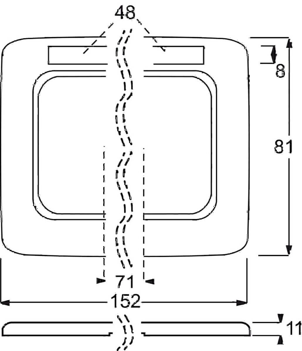 Zeichnung eines Küchenbeckens mit Abmessungen: 81 cm Höhe, 82 cm Gesamtbreite, 71 cm Innenbreite und 15 cm Tiefe.