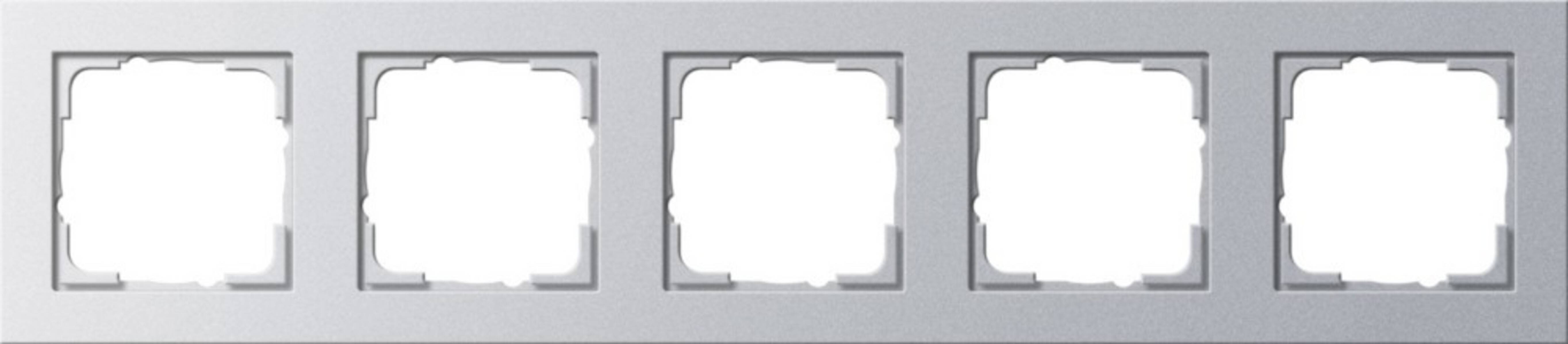 Eine Reihe von fünf leeren quadratischen Foto-Platzhaltern auf einem grauen Metallstreifen.