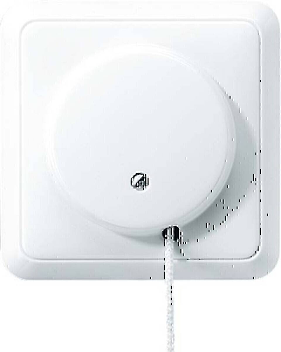 Ein weißer runder Schalter mit Zugschnur auf einer quadratischen Platte, an einer Wand montiert, der wahrscheinlich zur Steuerung einer Deckenlampe oder eines Ventilators verwendet wird.