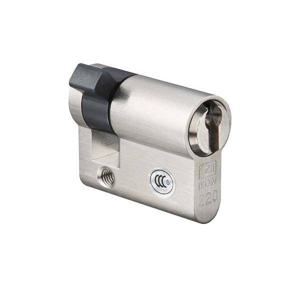 Ein zylindrischer Metallschloss mit Schlüsselloch, strukturierter Oberfläche und kleinem Logo. Geeignet zum Sichern von Türen.