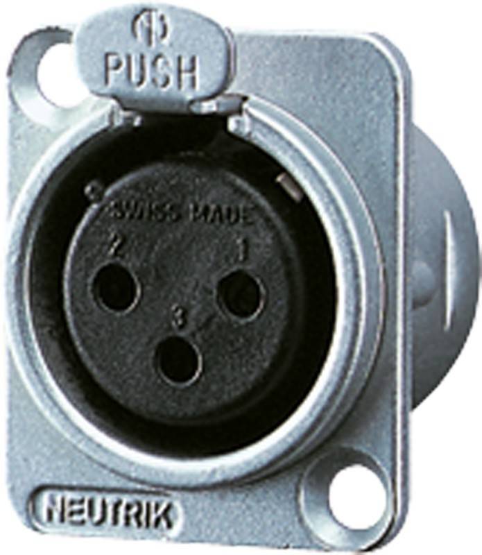 Eine Nahaufnahme eines dreipoligen XLR-Audioanschlusses, der auf einer Metallplatte montiert ist und oben mit 'PUSH' beschriftet ist; verwendet für professionelle Audiogeräte-Verbindungen.