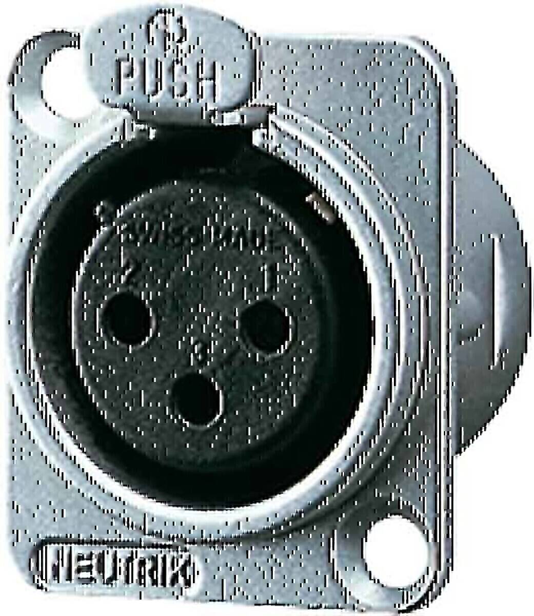 Ein metallischer XLR-Audioverbinder mit drei kreisförmigen Stiften, die durch kleine Löcher gekennzeichnet sind, der üblicherweise für Mikrofone und Audiogeräte verwendet wird.