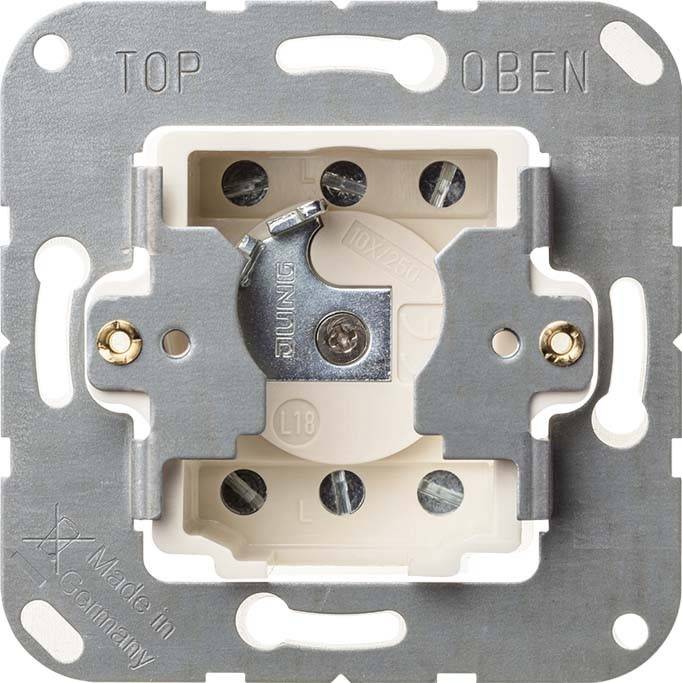 Elektrische Steckdosenrahmen mit Metall- und Kunststoffkomponenten, mit den Beschriftungen OBEN und ÖFFNEN. Inklusive Schrauben und dem Text 