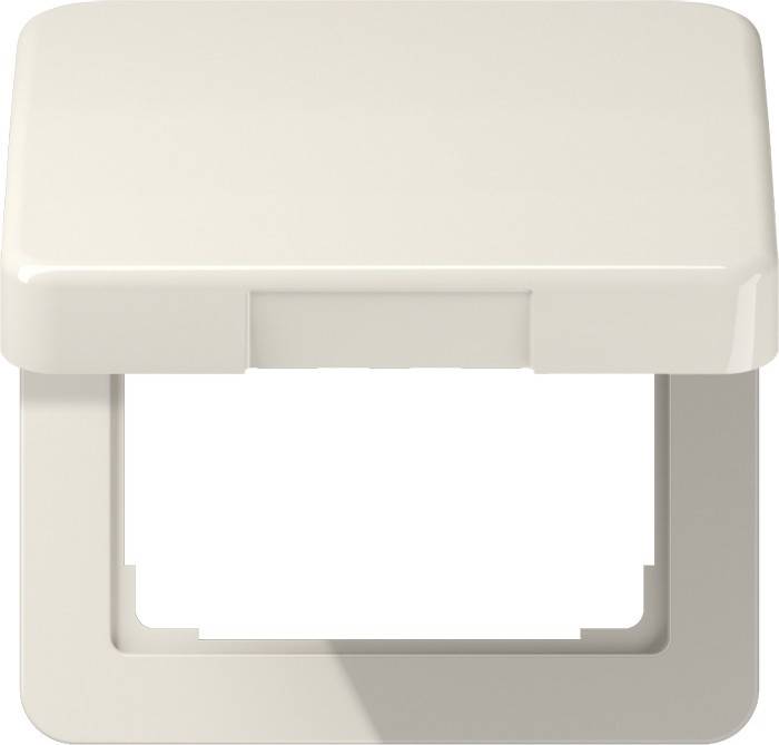 Eine beige, quadratische Kunststoffwandabdeckung mit einer offenen Aussparung für Steckdosen oder Schalter, von vorne betrachtet.