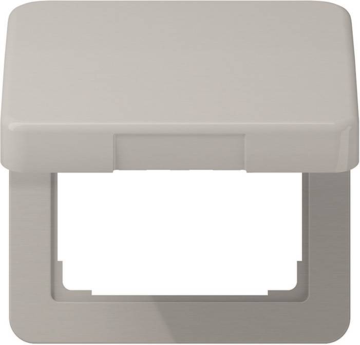 Eine rechteckige Kunststoffabdeckung mit einem Klappdeckel, möglicherweise für eine Steckdose, in neutralem Beige dargestellt.