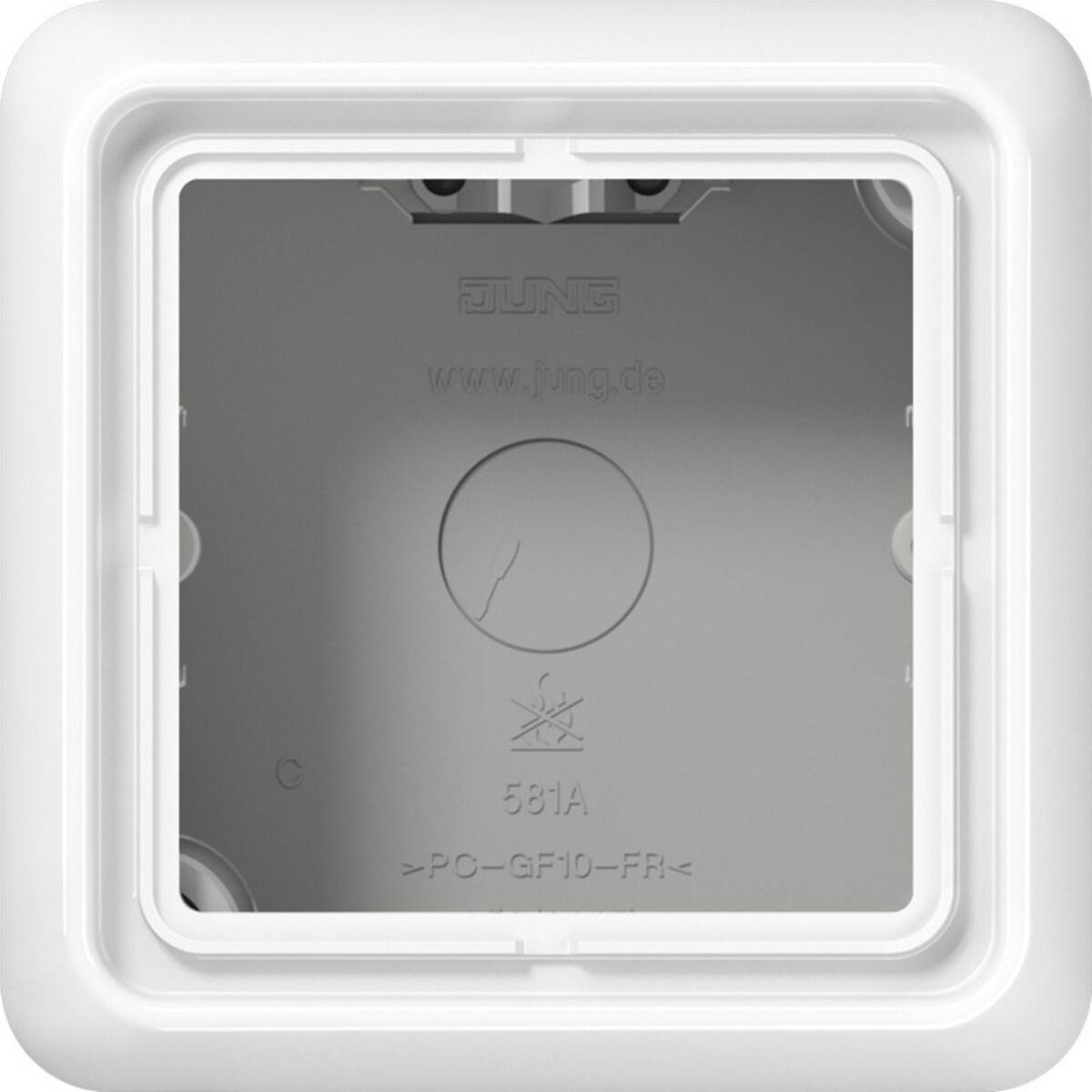 Lichtschalterrahmen mit grauem Innenbereich und weißem Rand. Zentraler Bereich enthält 'JUNG' und Produktdetails wie '53A' und 'PC-GF10-FR'.