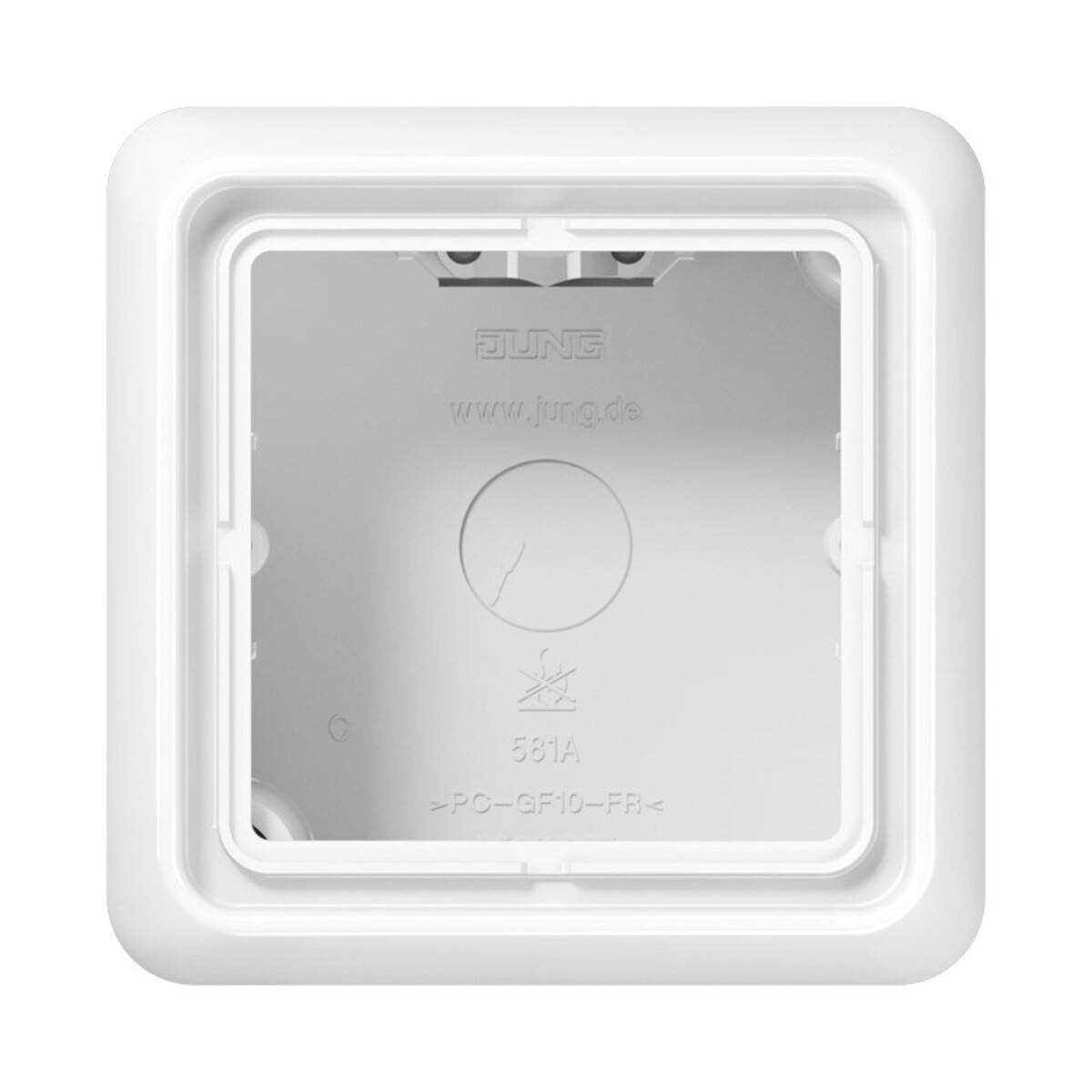 Quadratische weiße Kunststoff-Elektroinstallationsdose mit transparenter zentraler Öffnung und geprägtem „JONE