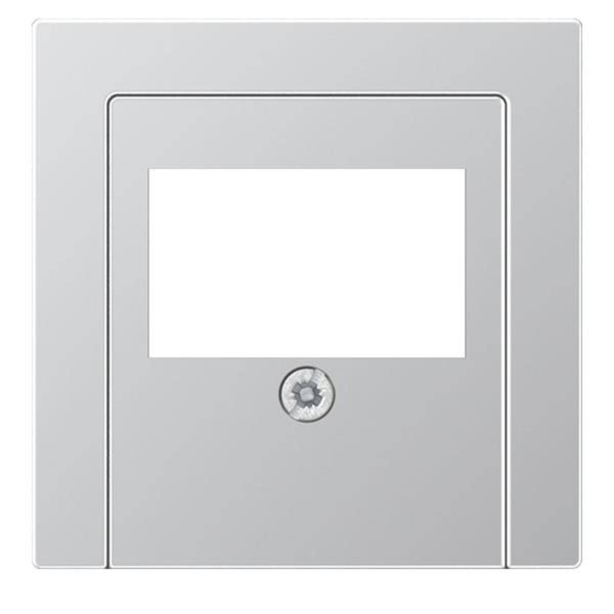 Eine quadratische, silberne, blanke Wandabdeckung mit einer zentralen Schraube, die dazu dient, ungenutzte Elektroinstallationsdosen für ein sauberes, fertiges Erscheinungsbild zu verdecken.