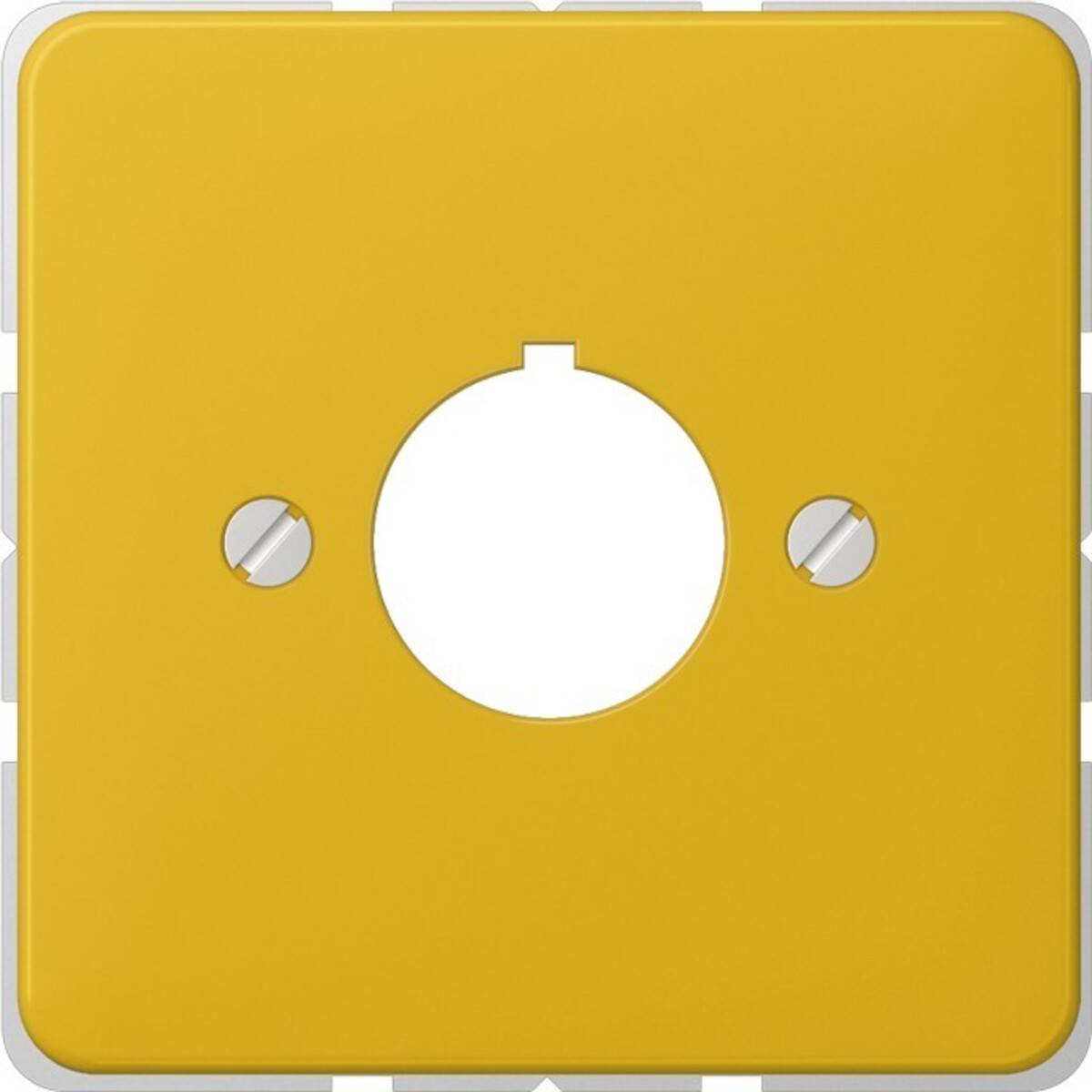 Eine gelbe quadratische Lichtschalterabdeckung mit einem zentralen kreisförmigen Ausschnitt und zwei kleineren Löchern für Schrauben an den Seiten.