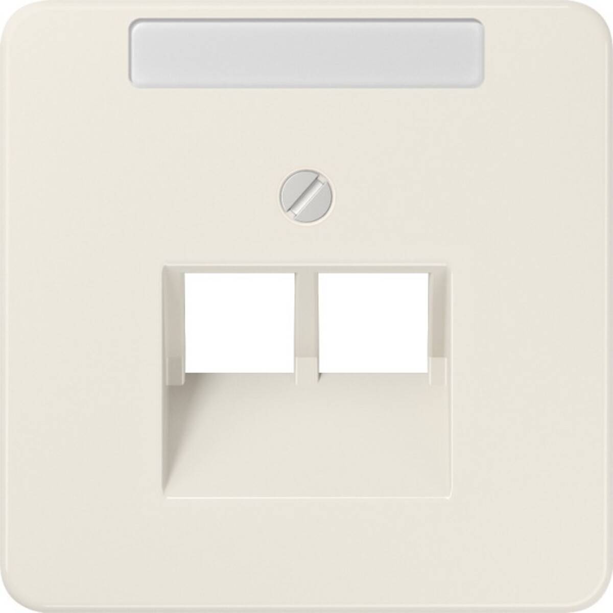 Eine cremefarbene quadratische Wandplatte mit Platz für zwei Netzwerkbuchsen und einer Schraube darüber, die für Kabelanschlüsse verwendet wird.