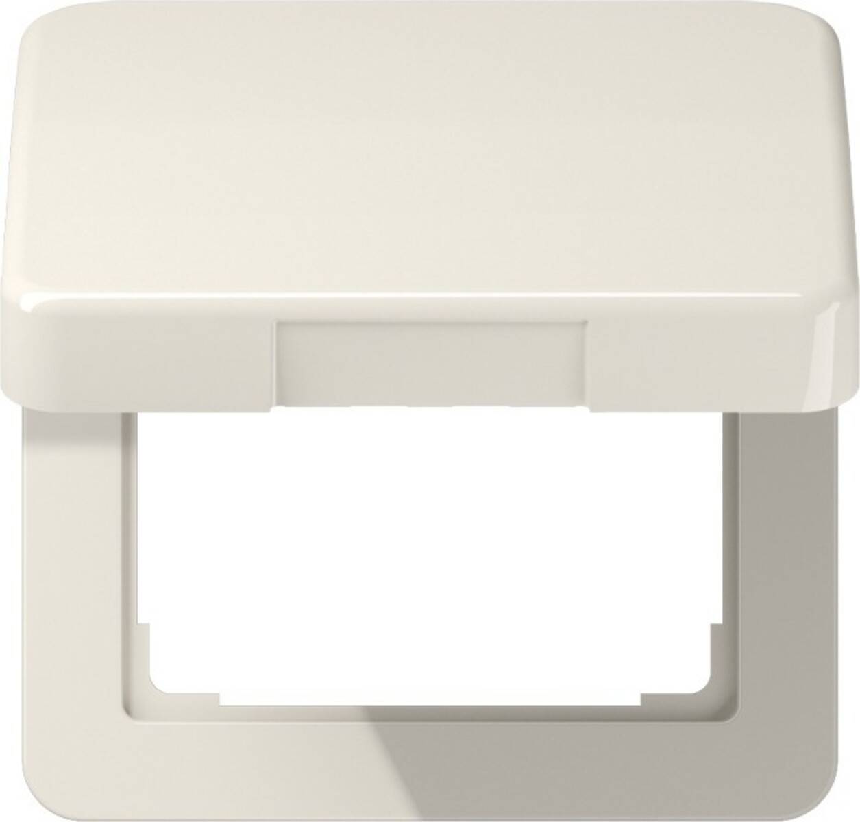 Eine weiße Kunststoffabdeckung mit einem Klappdeckel, wahrscheinlich zum Schutz einer elektrischen Steckdose oder eines Schalters, von vorne mit geöffnetem Deckel gesehen.