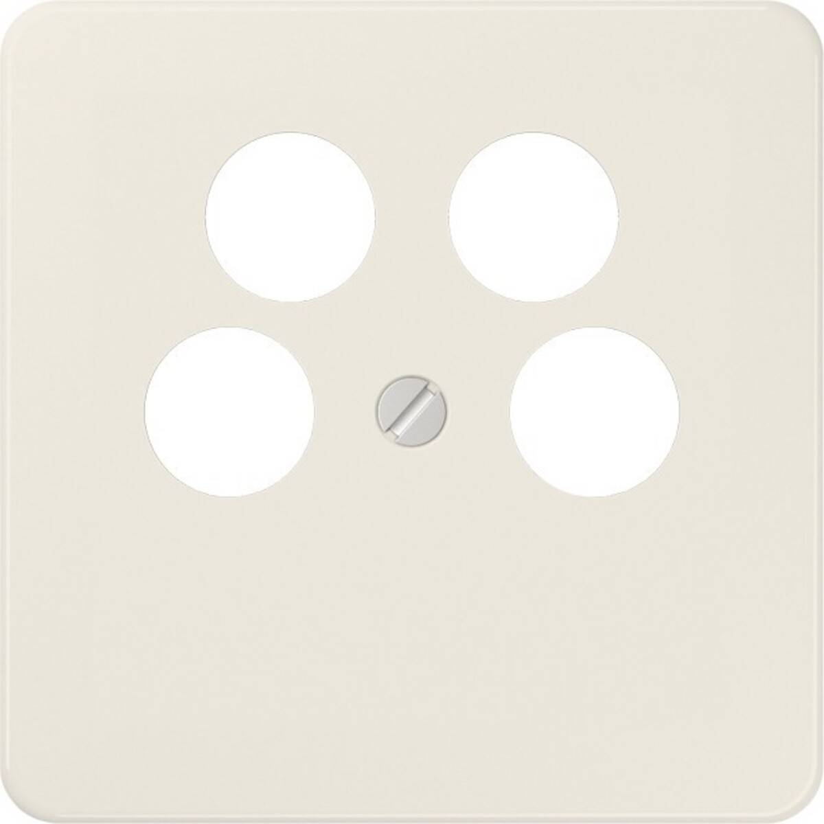 Eine hellbeige elektrische Wandabdeckung mit vier kreisrunden Löchern, typischerweise für europäische Steckdosen oder Schalter verwendet, vor einem einfarbigen Hintergrund.