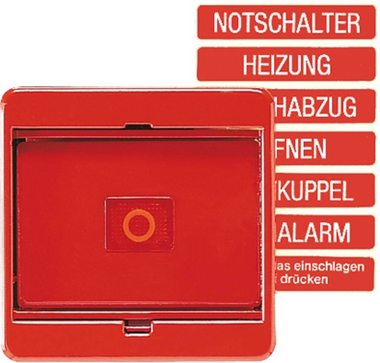 Rotes Notschaltertableau mit deutschen Beschriftungen: Not-Schalter, Heizung, Lüftung, Öffnen, Entkuppeln, Alarm.