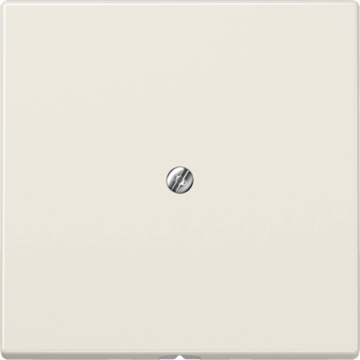 Eine schlichte, weiße, quadratische elektrische Wandabdeckung mit einer zentralen Schraube, die in der Mitte sichtbar ist.