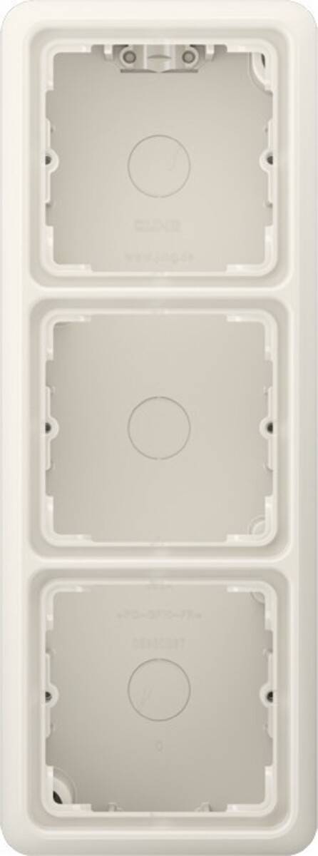Weiße Kunststoff-Elektro-Wandplatte mit einer leeren Steckdosenöffnung, entwickelt zur Aufnahme und zum Schutz von Lichtschaltern oder Steckdosen.